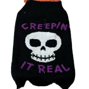 Dog Halloween Costume CREEPIN IT REAL Sweater NWT Black Skull Pet Cozy Fall